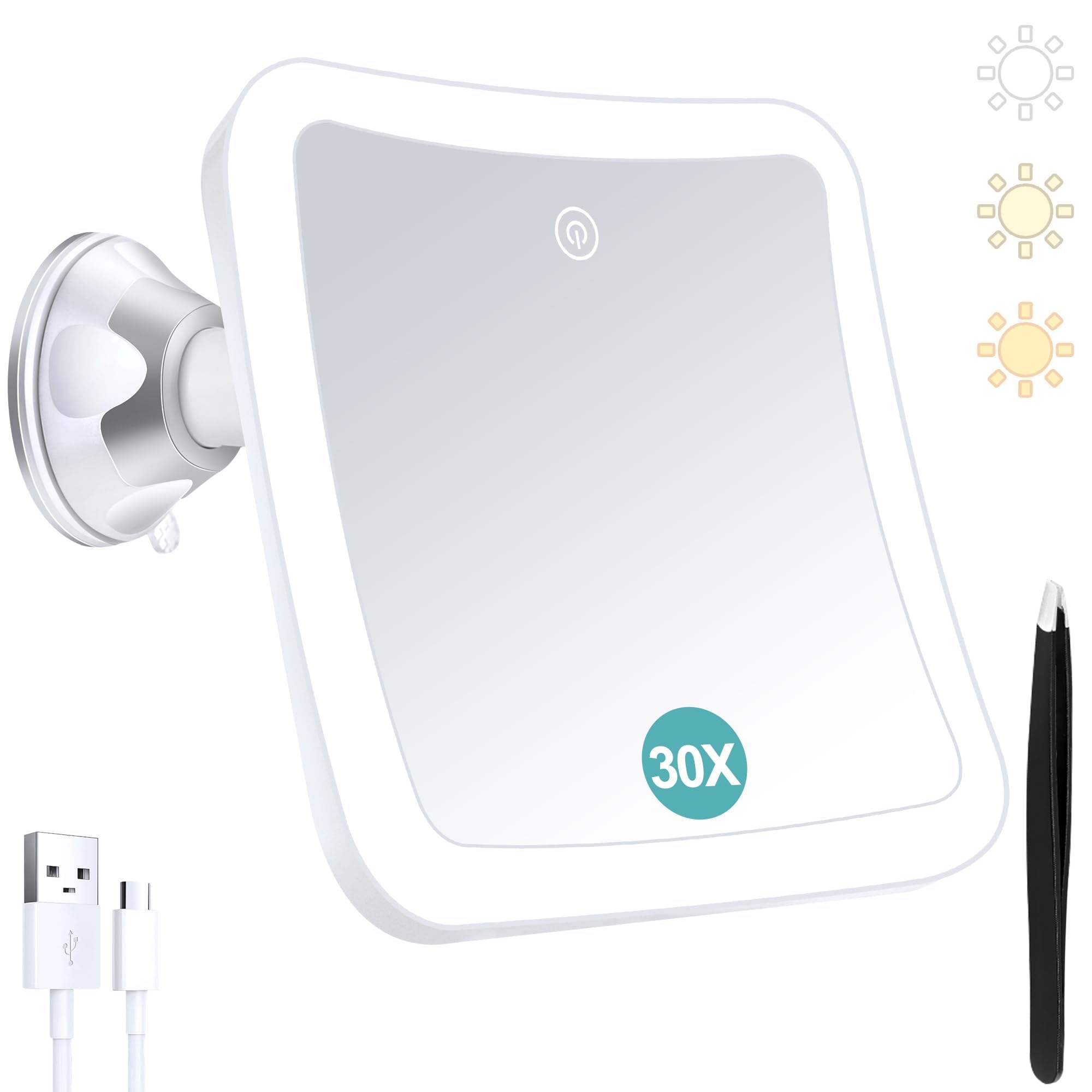 B Beauty Planet 30x Shaving Magnifying Lighted Vanity Wall Mounted Mirror with Touch Control and Suction Cup, Rechargeable, 3 Colours Lighting, 360° Rotation, Bathroom Vanity Mirror, Square