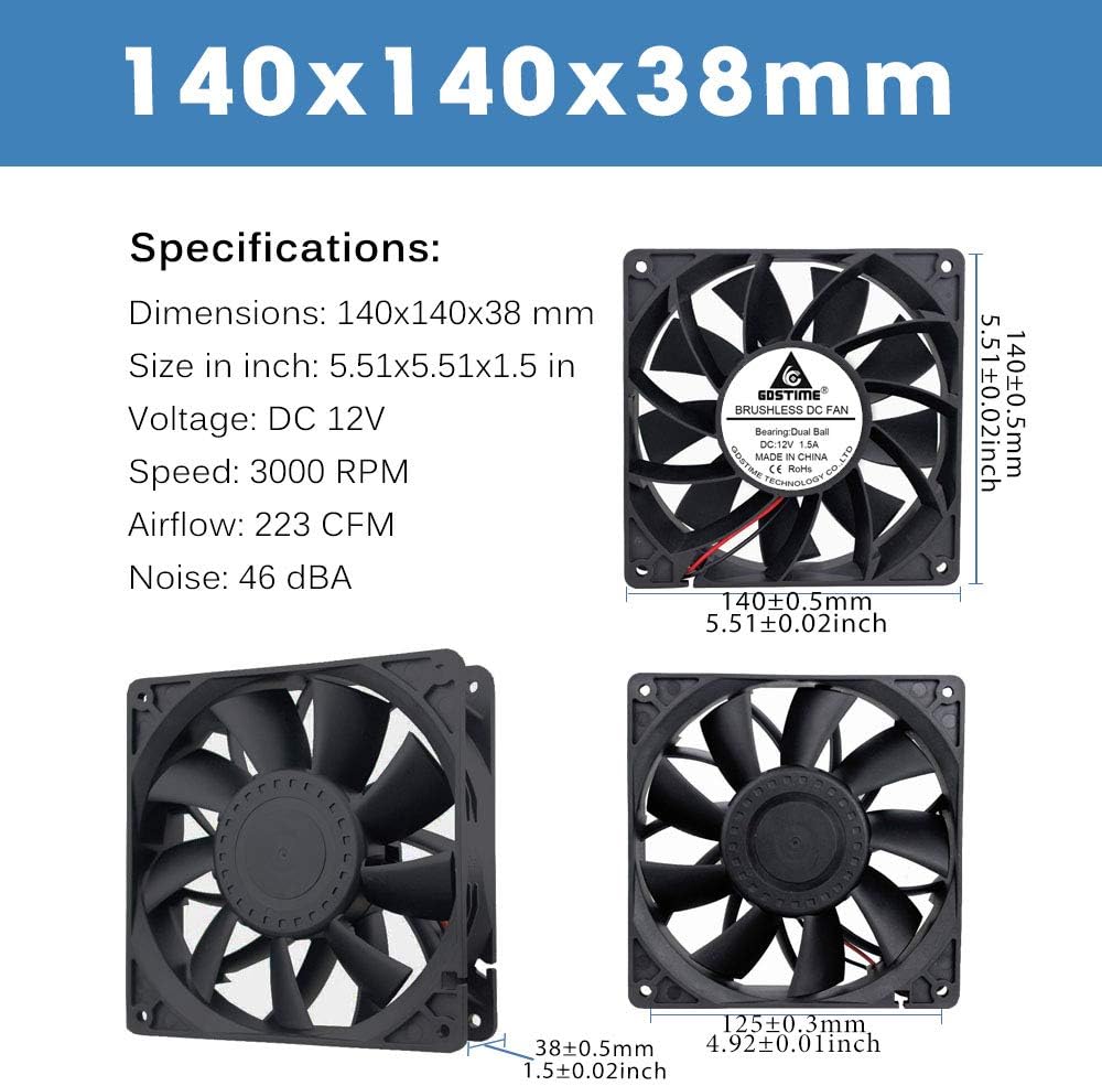 GDSTIME 140mm 12v fan 140mm 38mm Server Cabinet Fan 2 Pin Dual Ball Bearing 3000 RPM 223 CFM Big Airflow Cooler For Cpmputer Cabinet Server PSU Workstation - Image 3