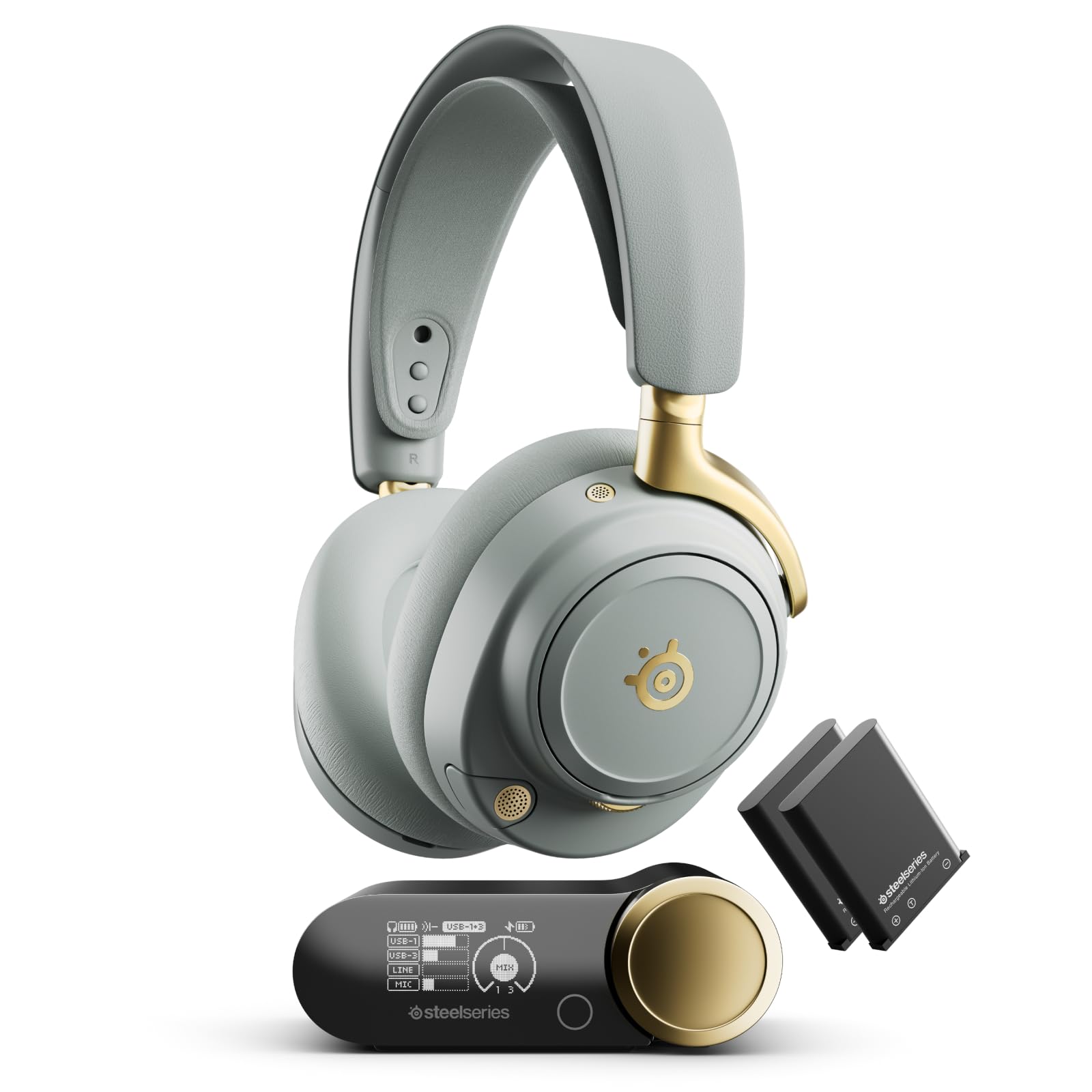 SteelSeries Arctis Nova Elite - Cuffie gaming wireless - HiRes Audio- 96kHz/24bit - Speaker in fibra carbonio - ANC - IA Integrata - App - 2,4GHz+BT - Multisource; OmniPlay PC+PS+Xbox - Sage&Gold