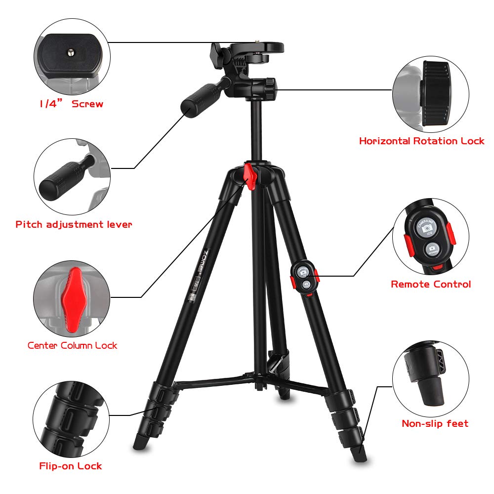 Phone Tripod, ZOMEi 54 Inch Cellpone Tripod Lightweight Portable Travel Tripod with Phone Holder and Bluetooth Remote for Smartphone Gopro and Light Camera