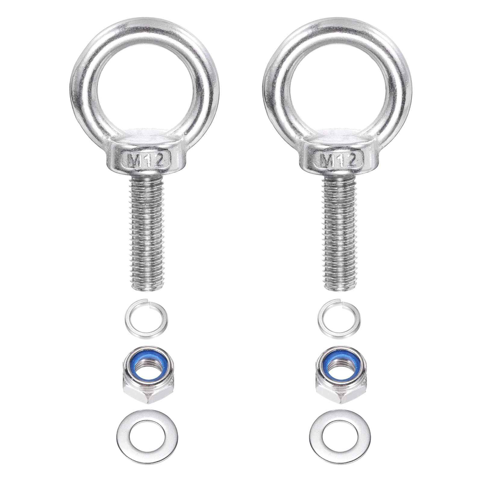 PATIKIL M12 x 50mm Lifting Shoulder Eye Bolt, 2Pcs 304 Stainless Steel Lifting Ring Threaded Eyebolt with Nuts Washers for Hanging Hammocks Articles