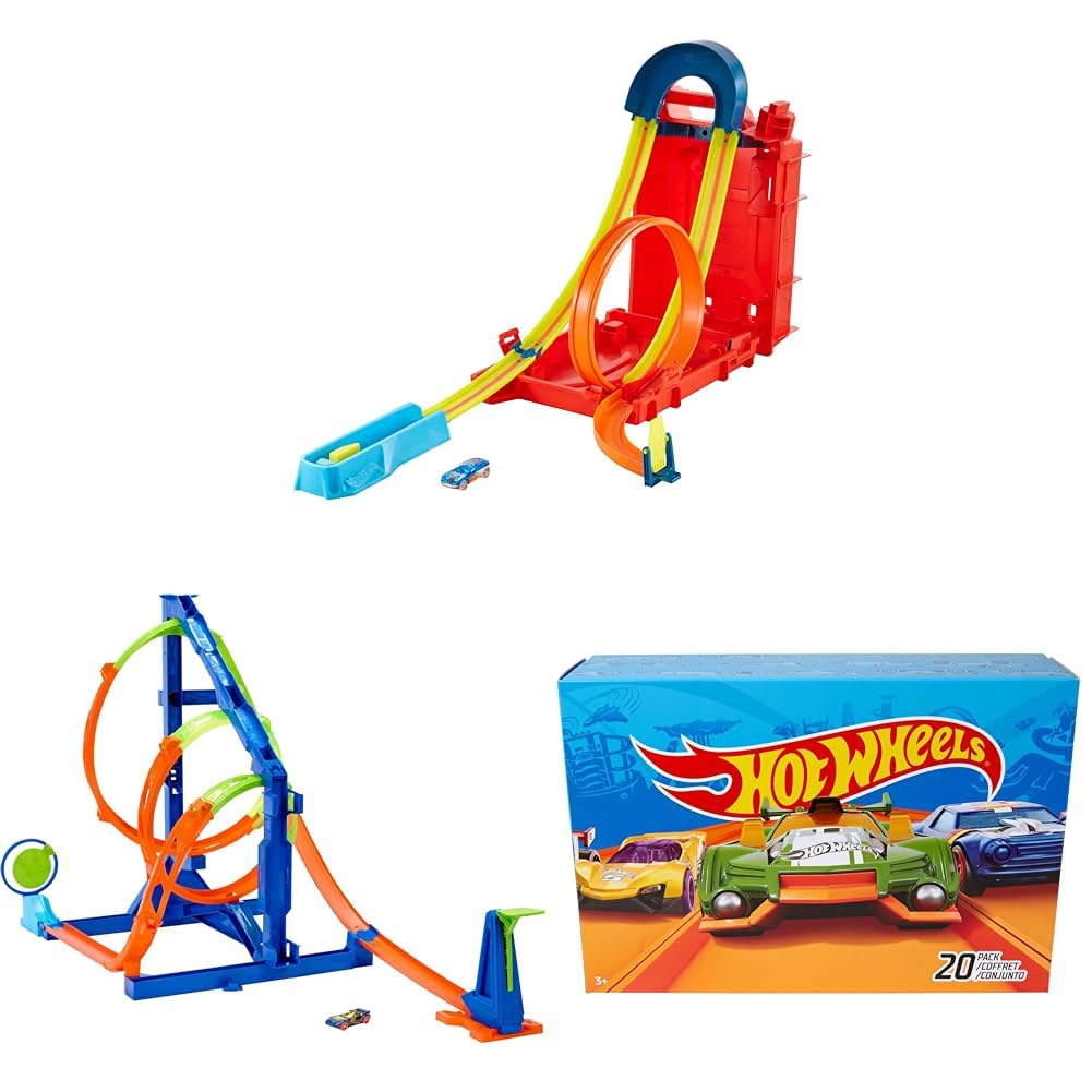 Bundle of Hot Wheels Track Builder Fuel Can Stunt Box, 14 Component Parts & Toy Car + Track Set Corkscrew Twist Kit with 1:64 Scale Car + Set of 20 Toy Cars & Trucks in 1:64 Scale (Styles May Vary)