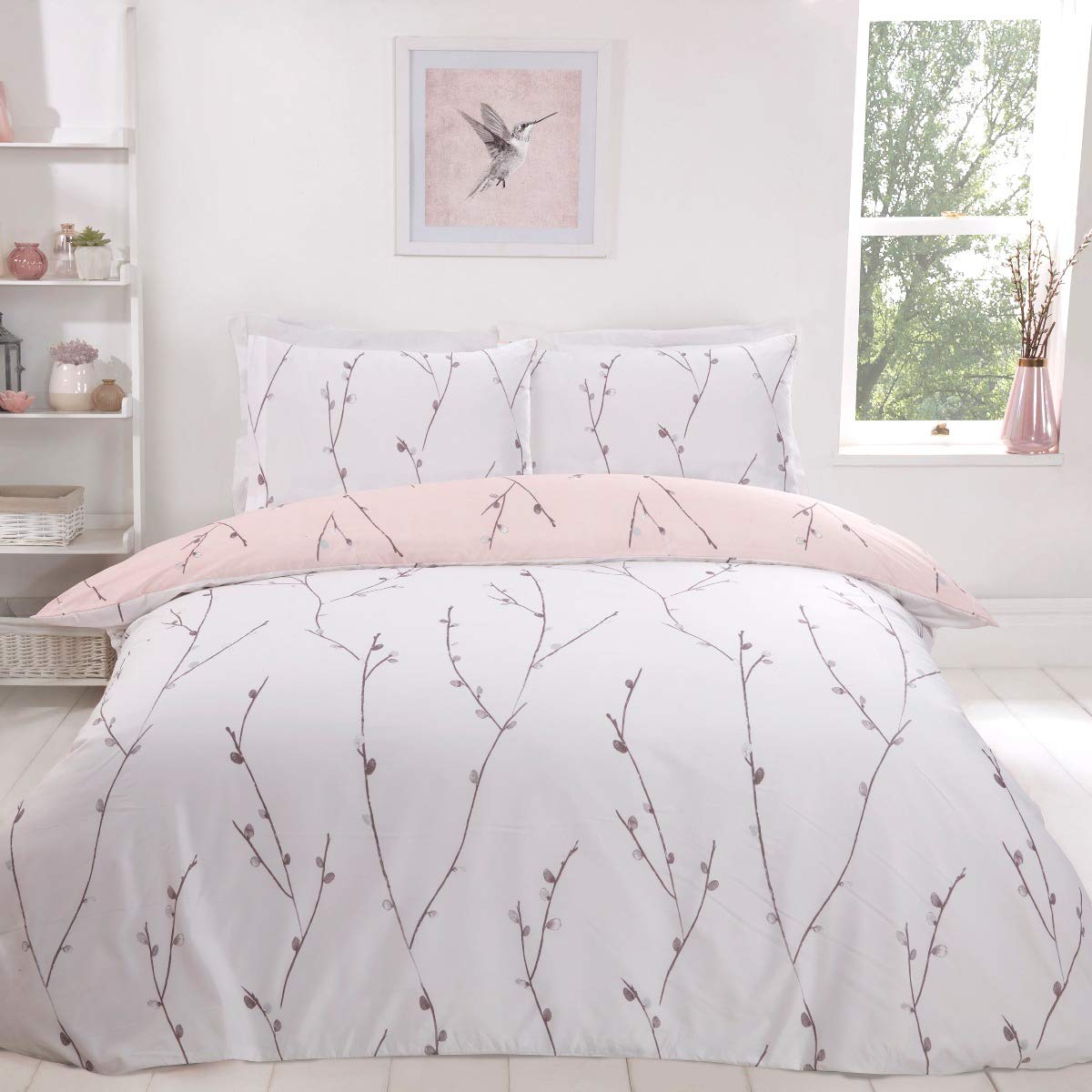 Sleepdown Willow Floral Blush Pink Ultra Soft Easy Care Hypoallergenic Printed White Reversible Duvet Cover Quilt Bedding Set with Pillowcase - Single (135cm x 200cm)