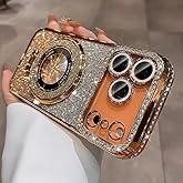LXK Magnetic Stand for iPhone 17 Pro Max Case, [Compatible with Magsafe][Built-in Camera Lens Protector] Glitter Bling Card & Soft TPU Diamonds Bumper Protection Cover for Women Girls 6.9" Gold