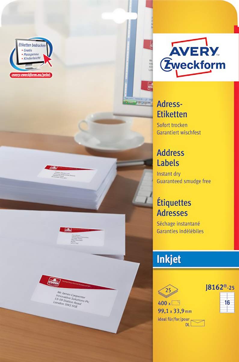 Avery Zweckform J8162-25 Address A4 Matt Paper Pack of 400 Labels 99.1 x 33.9 mm 25 Sheets White