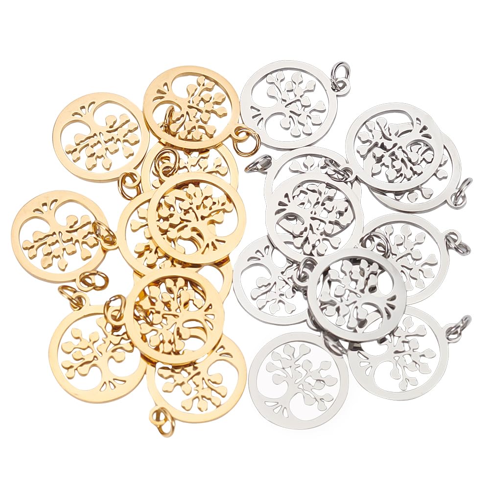 UNICRAFTALE 20pcs 2 Colors Stainless Steel Tree of Life Flat Round Pendants with Unsoldered Jump Rings Metal Hollow Charms for DIY Bracelets Necklace Jewelry Making
