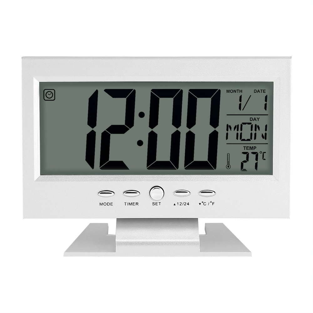 Large LCD Display Digital Sound Sensor Table Desk Alarm Clock With Smart Nightlight And Snooze Time/Date/Temperature Display(Silver)