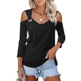 Minetom Women's V Neck 3/4 Sleeve Shirts Cold Shoulder Tops Basic Summer Tees