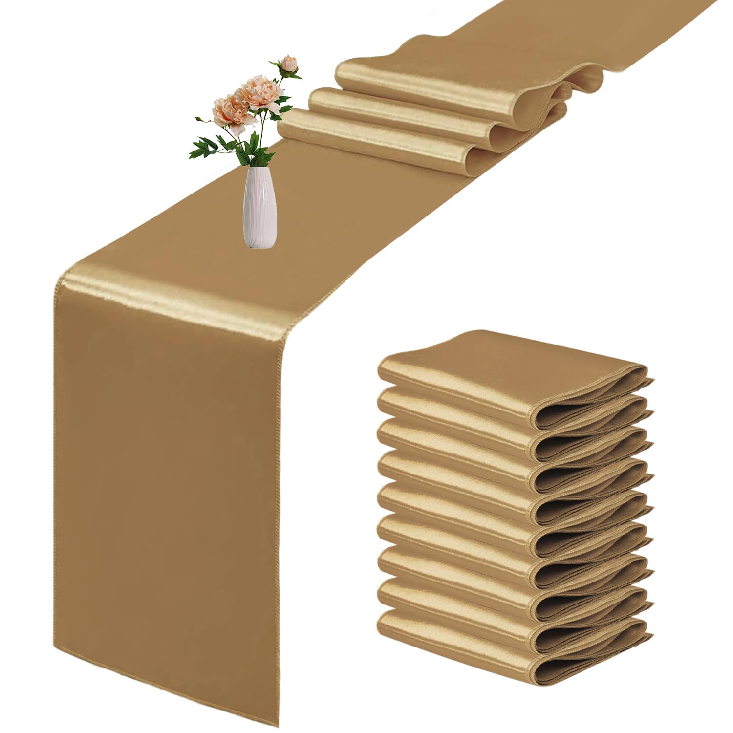 Photo 1 of 10 Pack Satin Table Runner 12 x 108 Inch Long Old Gold Smooth Silk Fabric Table Runner for Birthday Parties Wedding Banquets Decorations.