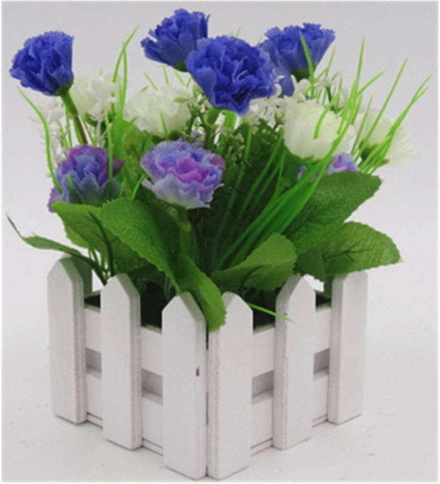 Union Tesco DIY Wooden Fence Artificial Silk Flowers Arrangement Fake Carnations in Picket Fence Pot Pack (Carnations Set) (Blue)