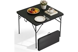 PIKAQTOP 34" Square Plastic Folding Card Table - Portable Outdoor Dining Table with Collapsible Legs & Carrying Handle, Heavy Duty Plastic Table for Camping, Picnic, Office & Home(Black)