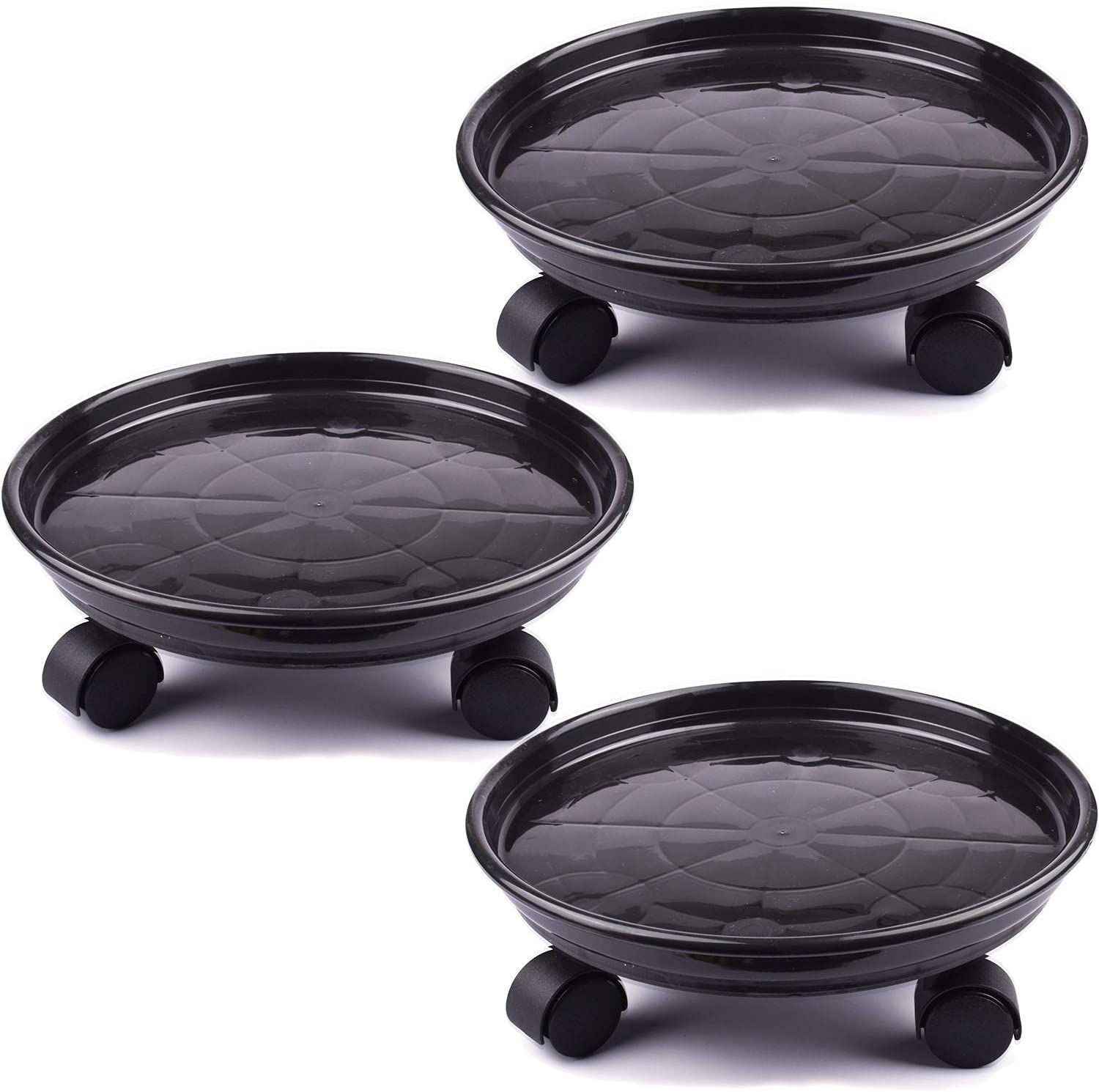 AOFOX 3 packs 30cm Plastic Pallet Caddy Plant Stand Round Flower Pot Mover, Heavy Duty Plant Pot Pallet Dolly Caster With Wheels (Black)