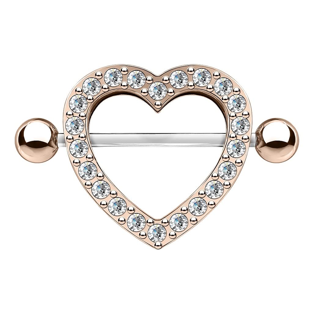 PiercedOff Rose Gold Tone IP over 316L Surgical Steel Nipple Shield with Clear CZ Gem Paved Heart - Thickness 14GA (1.6mm) / Length 22mm / Ball Size 5mm