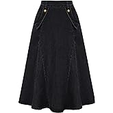 Belle Poque Women's Denim Skirts Vintage Elastic High Waist A-Line Long Maxi Jean Skirts with Pockets
