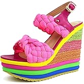 Tscoyuki Double Woven Band Wedge Sandals for Women, Cute Colorful Espadrilles Platform High Heel Sandals Ankle Strap Open Toe Slingback Summer Shoes