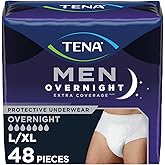 TENA Men Overnight Extra Coverage Underwear for bladder control, Masculine, Discreet, L/XL, 48 Count (Waist size 44in-64in)