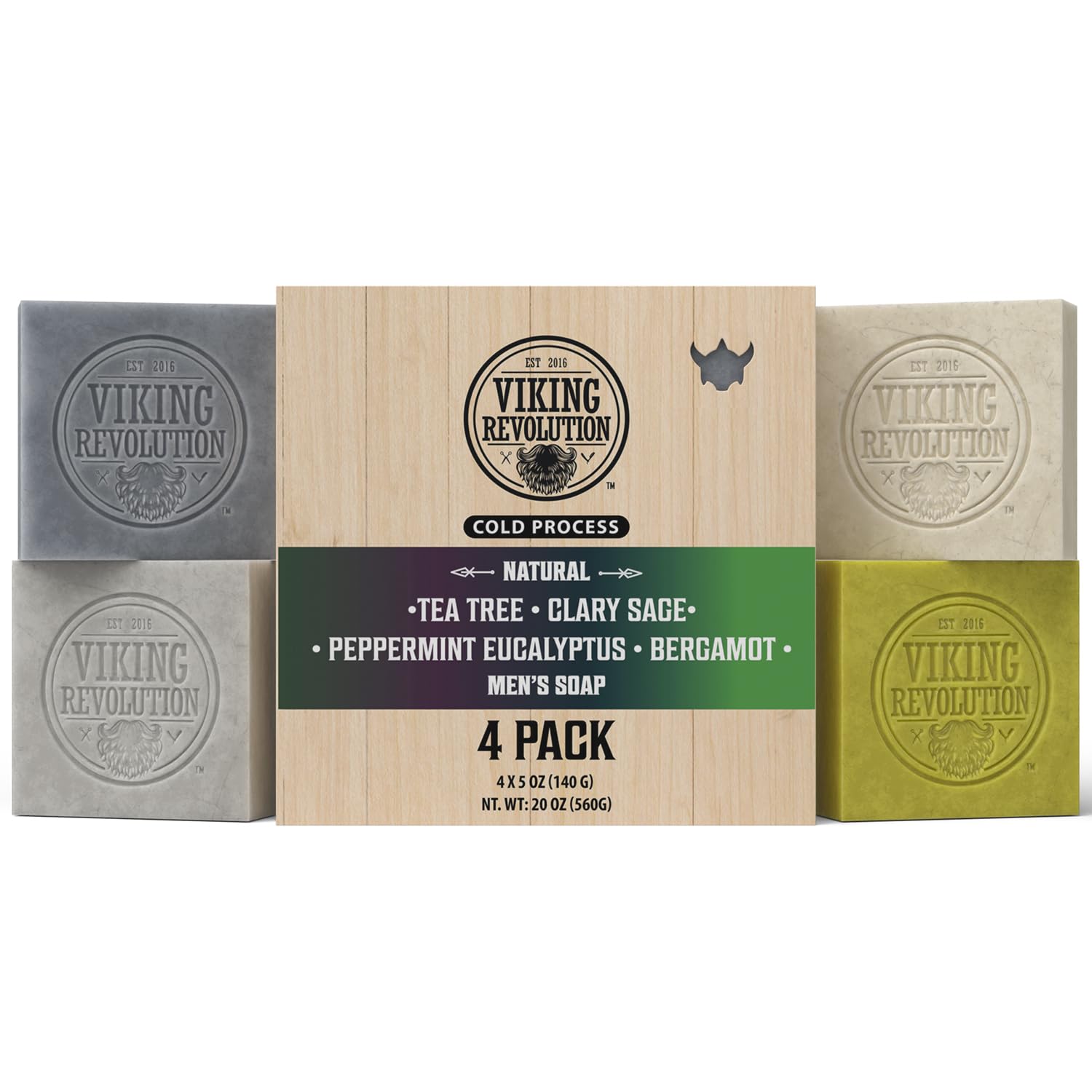 Viking Revolution - Mens Soap - 4 x 140 g - Variety Pack With Tea Tree, Clary Sage, Peppermint Eucalyptus, Bergamot - Mens Soap Bar with Essential Oils Cold Pressed - Coconut Oil, Shea Oil, Almond Oil