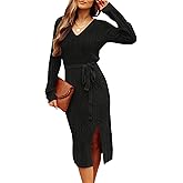 MEROKEETY Women's Winter Spring Long Sleeve Sweater Dress 2026 Fall V Neck Cable Knit Slit Bodycon Midi Dresses
