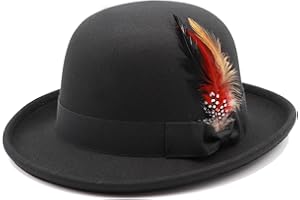MivBuks Bowler Derby Hat for Men Dress Hats for Women Short Brim Fedora Hat with Feather