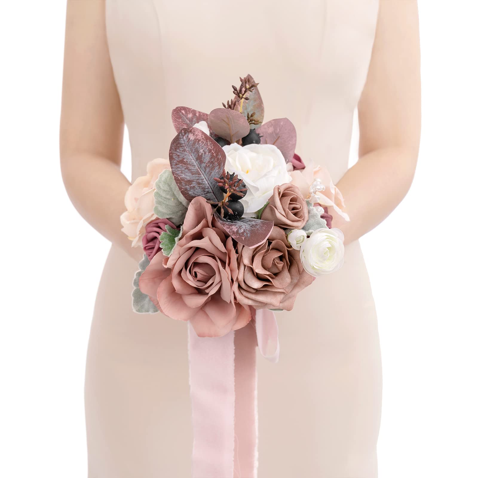 Photo 1 of Ling's moment Artificial Flowers Pink Bridesmaid Bouquet, Dusty Rose & Mauve Wedding Flowers Bouquets for Bridesmaids, 7 Inch Bridal Bouquets for Bridesmaids, Wedding Decor, Ceremony, etc