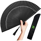 OMyTea Hand Fan Foldable for Women, Japanese Chinese Fan, Solid Black | Portable bamboo and silk folding hand fan with case for hot flashes, cooling, festivals, tea party, travel, church and gifts.