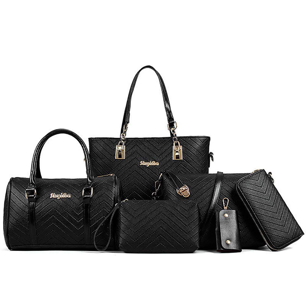 AlwaySky Women Ladies Handbags Set 6 Pcs PU Leather Top Handle Purse Shoulder Bag Purse Wallet Crossbody Bag Set, Black