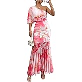 Floerns Women's One Shoulder Maxi Dress Floral Mesh Flutter Sleeve Ruffle Hem Beach Long Dresses