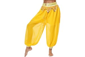 Hedmy Women's Belly Dance Harem Pants Shiny Sequin Tassel Trouser Arabic Performance Loose Pants