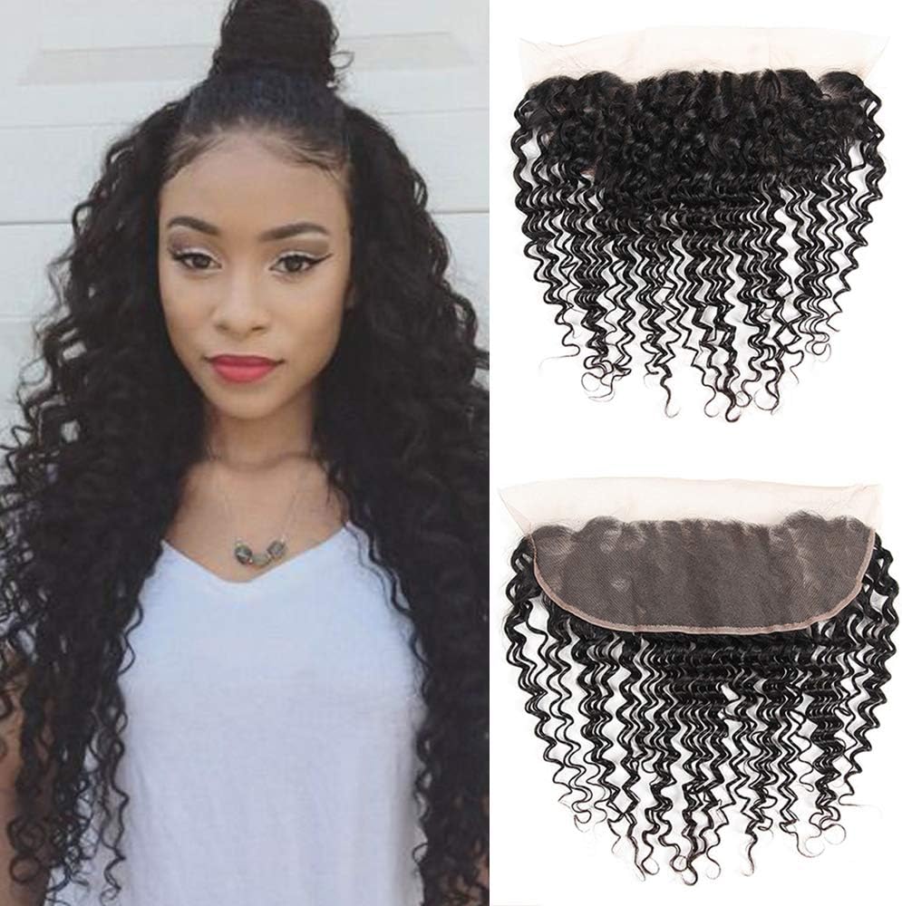 Brazilian Virgin Human Hair Deep Wave Lace Frontal 100% Remy Hair Extensions 13x4 Ear to Ear Frontal Free Part (18 inch frontal) Human Hair Extensions Natural Color