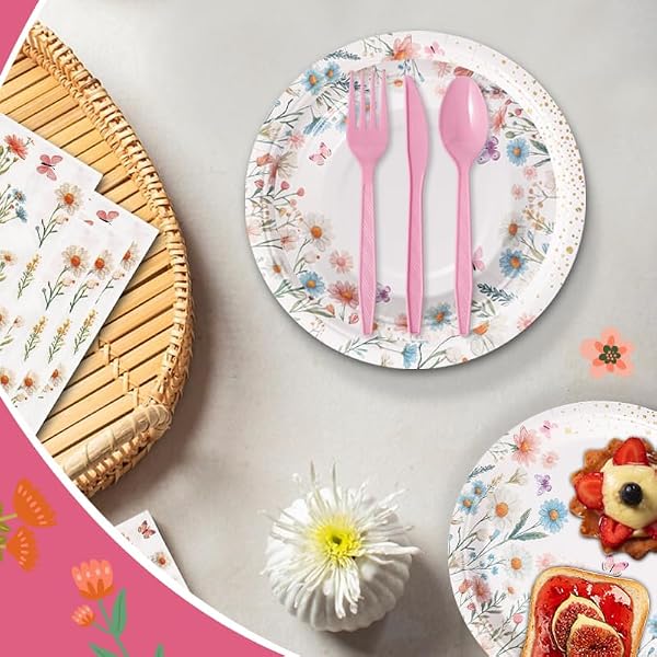 168PCS WILDFLOWER PARTY SUPPLIES FOR 24 GUESTS SPRING FLORAL BABY SHOWER BIRTHDAY DECORATIONS DISPOSABLE PAPER PLATES AND NAPKINS KNIVES SPOONS FORKS CUPS FOR BABY BRIDAL SHOWER BIRTHDAY PARTY