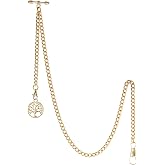 TREEWETO Men's Albert Chain Pocket Watch Curb Link Key Chain 2 Hooks with Antique Life Tree Pendant Design Charm Fob T Bar