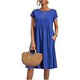 Kubsid Dresses for Women 2024 Summer Cotton Linen Solid Gauze Dress Loose Casual Beach Vacation Flowy Midi Dress with Pockets