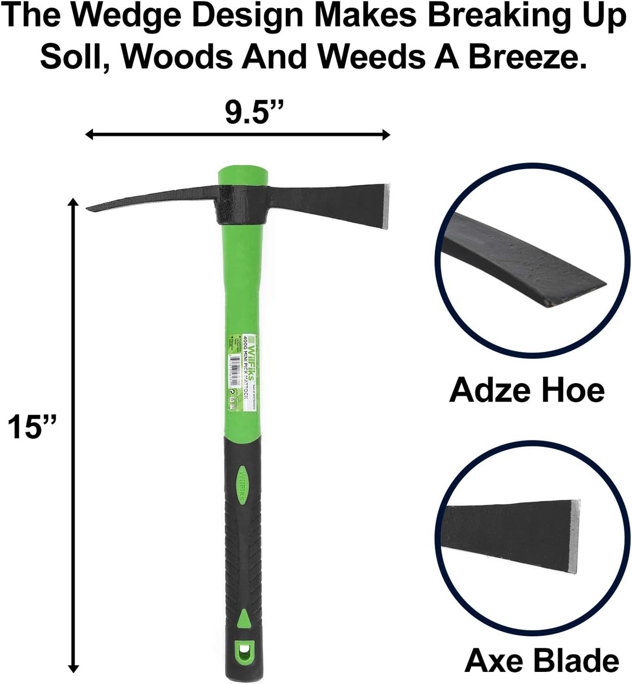 WilFiks Cutter Mattock, 15" Heavy Duty Pick Axe with Forged Heat Treated Steel Blades, Adze Hoe for Weeding, Prying and Chopping, Digging Tool with Anti-Slip Grip, Ergonomic Shock Reduction Handle : Garden & Outdoor