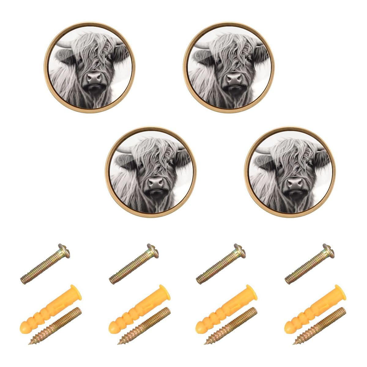 JUMBEAR Grey Highland Cattle Cow Cabinet knobs,Vintage Door Knobs Cupboard Drawer Pull Handles (4 Pack)