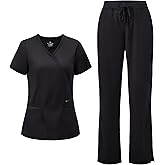 COZYFIT Scrubs for Women - Mock Wrap Top & Straight Leg Pants with 6 Pockets, Back Princess Seams, Soft Fabric
