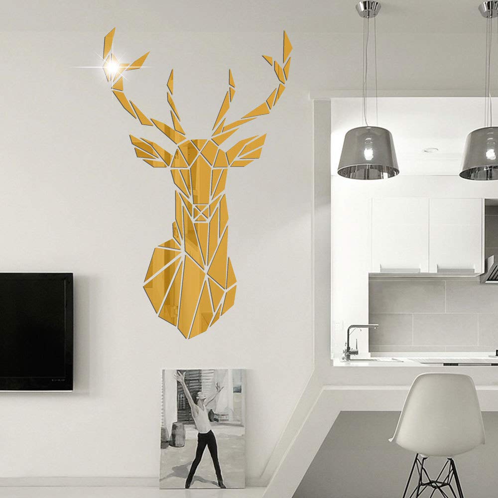 Hosoncovy Acrylic Cartoon Deer Head Mirror Wall Stickers Mirror Art DIY Home Decorative Dog and Cat Pet 3D Wall Art Decor for Home Living Room Bedroom Wall Decoration (Gold, L)