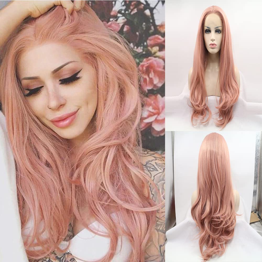 Xiweiya Mixed Blossom Pink Lace Front Wigs Ombre Pink Mermaid Long Wavy Synthetic Lace Front Wigs Heat Resistant Fiber Wig 150% Density Hair For Women 24inch — image 1