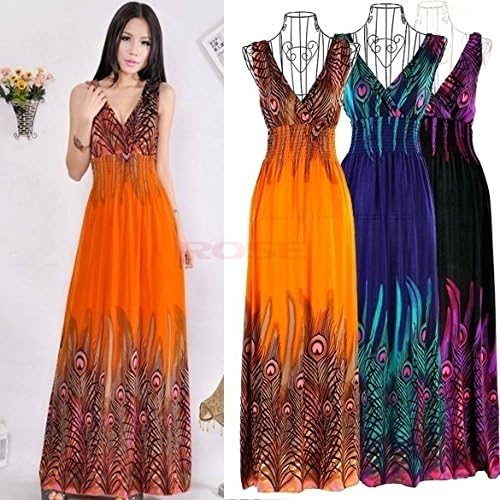 Fashion Women Sexy Bohemian Peacock Tail Hawaiian V-neck Long Beach Dress Summer Party Holiday Dress (Plus Size : S - XL)