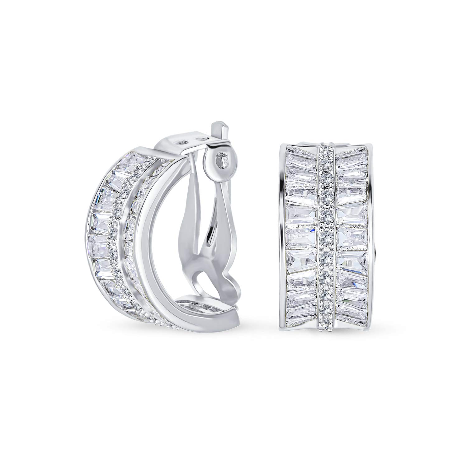 Art Deco Style Bridal Statement AAA CZ Half Hoop Baguette Earrings For Women Wedding Prom Holiday Formal Party Clip On Silver Plated
