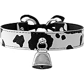 Aufordebatis Bell Collar Necklace for Women, Cow Print PU Leather Choker with Flat Ribbon Tie, Anime Cow Cosplay Jewelry Gifts