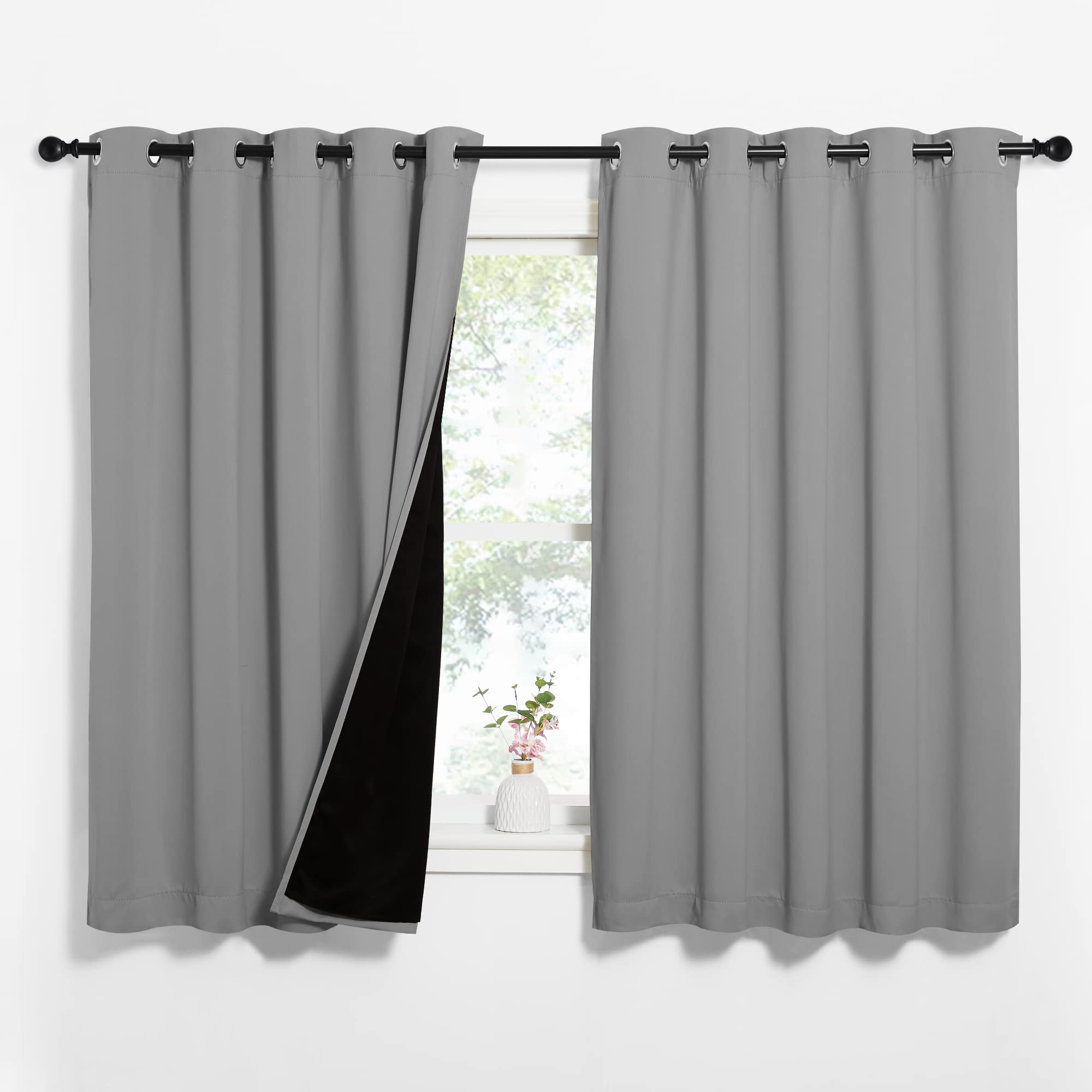 Photo 1 of NICETOWN 100% Blackout Curtains with Black Liners, Thermal Insulated Full Blackout 2-Layer Lined Drapes, Energy Efficiency Window Draperies for Bedroom (Silver Grey, 2 Panels, 62-inch W by 63-inch L)