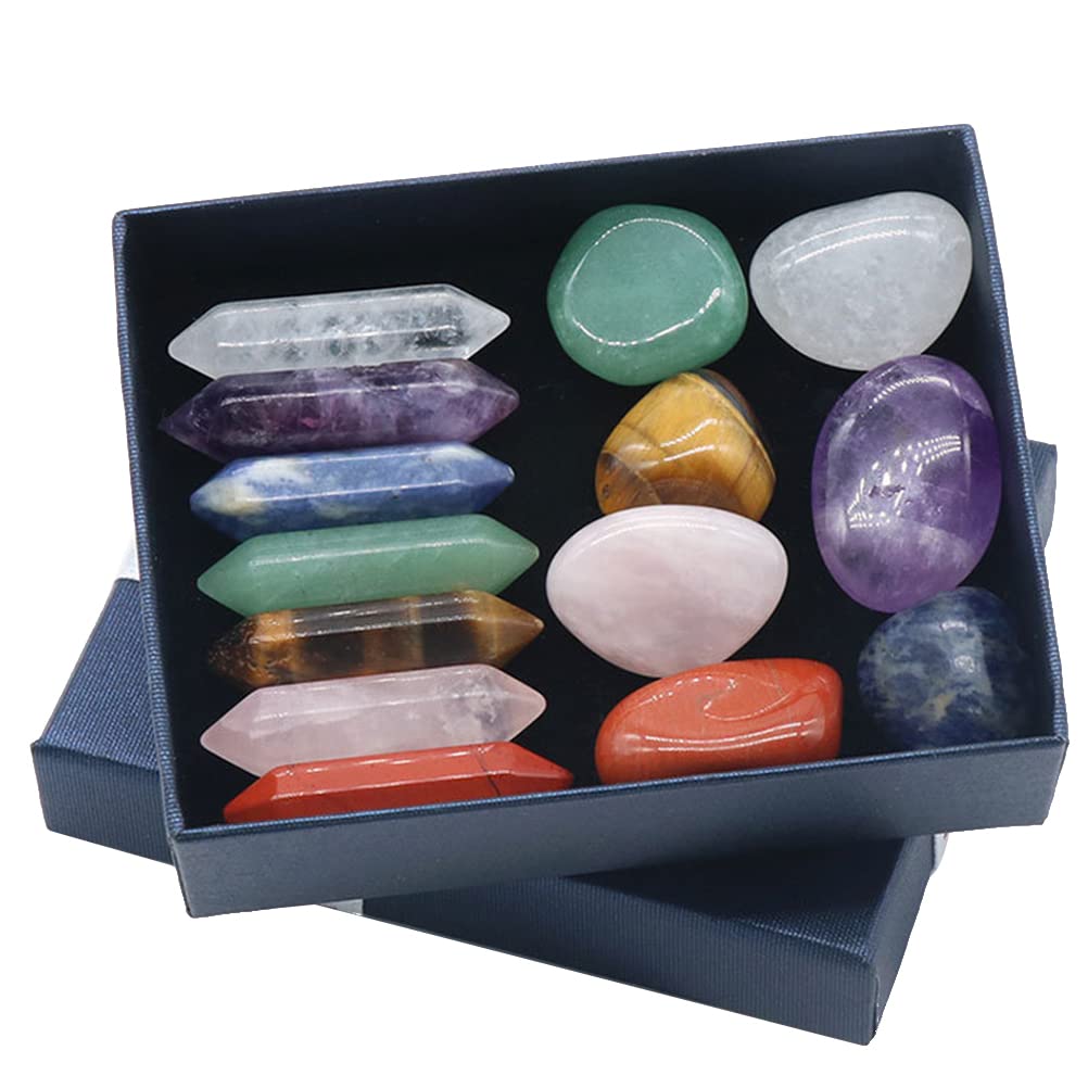 PAIQIU Chakra Stones Healing Crystals Set - 14 Pcs Natural Tumbled Crystal Stones in Gift Box Sets for Meditation Yoga Balancing Crystal Therapy