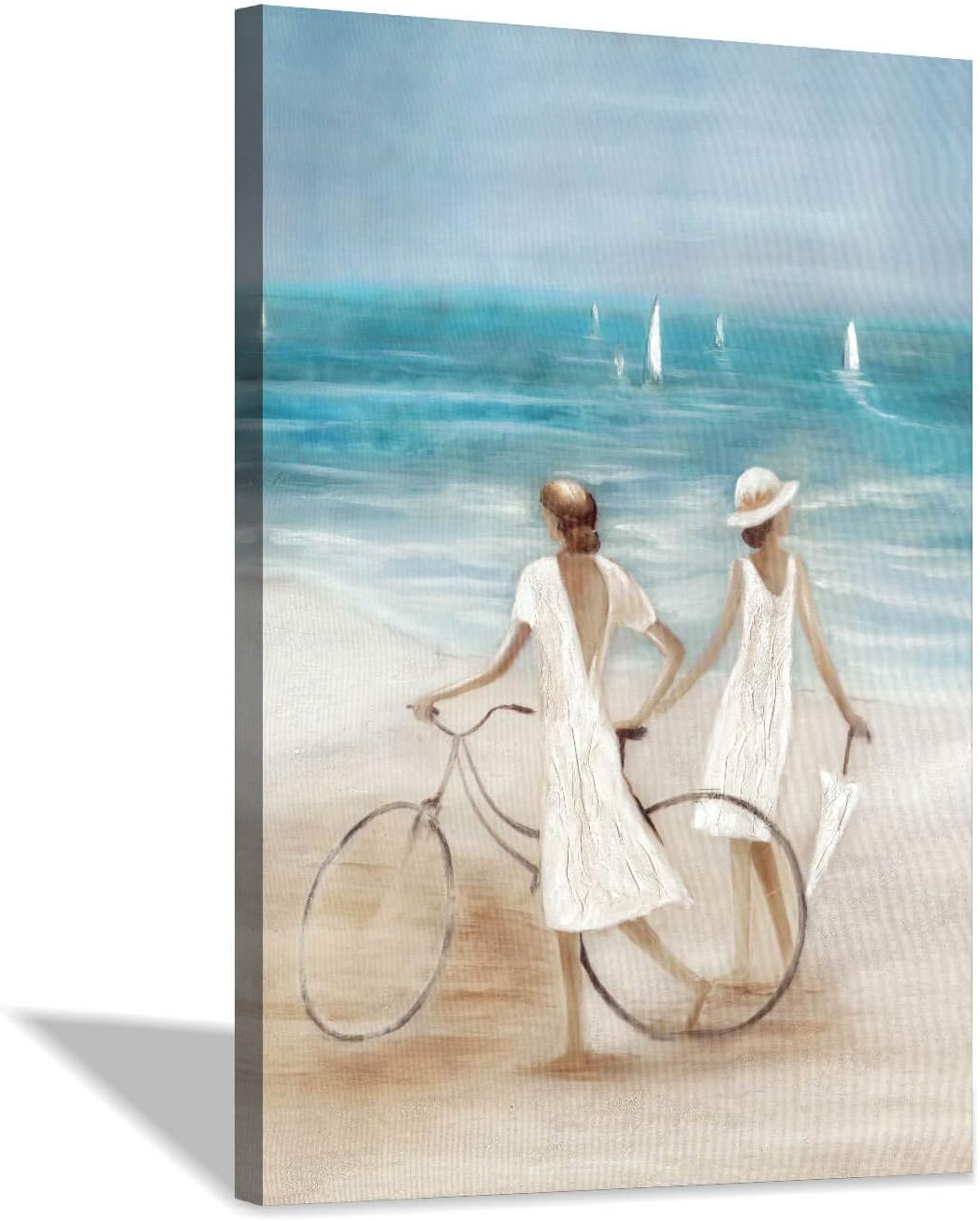 Paintings - Hardy Gallery Abstract Beach Lady Painting Picture: Coastal Artwork Women & Bicycle Hand Painted Textured Wall Art for Bed Room (36” x 24” x1 Panel)
