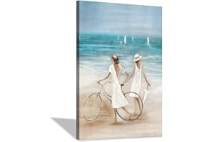 Hardy Gallery Abstract Beach Lady Painting Picture: Coastal Artwork Women & Bicycle Hand Painted Textured Wall Art for Bed Room (36” x 24” x1 Panel)