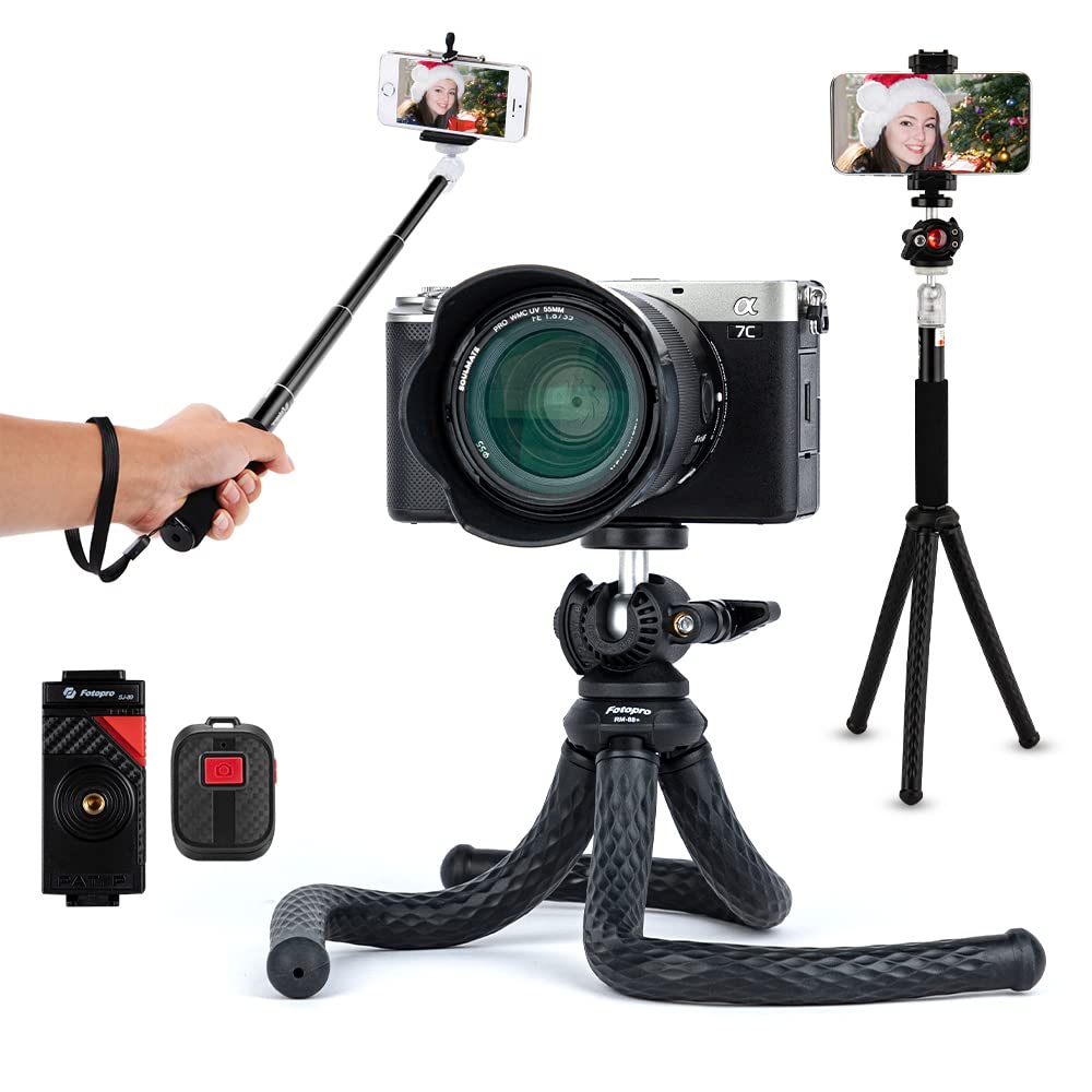 Fotopro 32.87inch Flexible Tripod with Selfie Stick, Mini Tripod with Extension Wireless Remote Phone Mount for Smartphone Camera Actioncam Vlogging, Max Load 4.4lbs