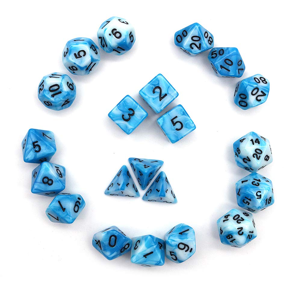 DollaTek Polyhedral Dice Set Table Games Dice 3 Sets Dice 3 x 7 (21 Pieces) Die Series D20 D12 D10 D8 D6 D4 DND RPG MTG Double Colors One Piece (Blue White and Black oil)