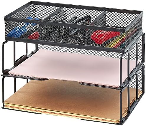 Reliatronic Mesh Desk File Organizer with 2 Stackable Letter Trays and a Desktop Sorter Organizer, Black