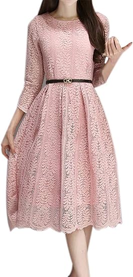 Amazon Co Jp ルナー ベリー ボタニカル柄 総レース ワンピース ドレス 七分袖 ひざ丈 レディース 412 服 ファッション小物