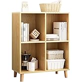 IOTXY Freestanding Open Cubes Bookcase - 2-Tier Floor Standing Wooden Storage Display Cabinet Organizer with Legs for Home Office, 4-Cubes Open Shelf Low Short Bookshelf, Oak