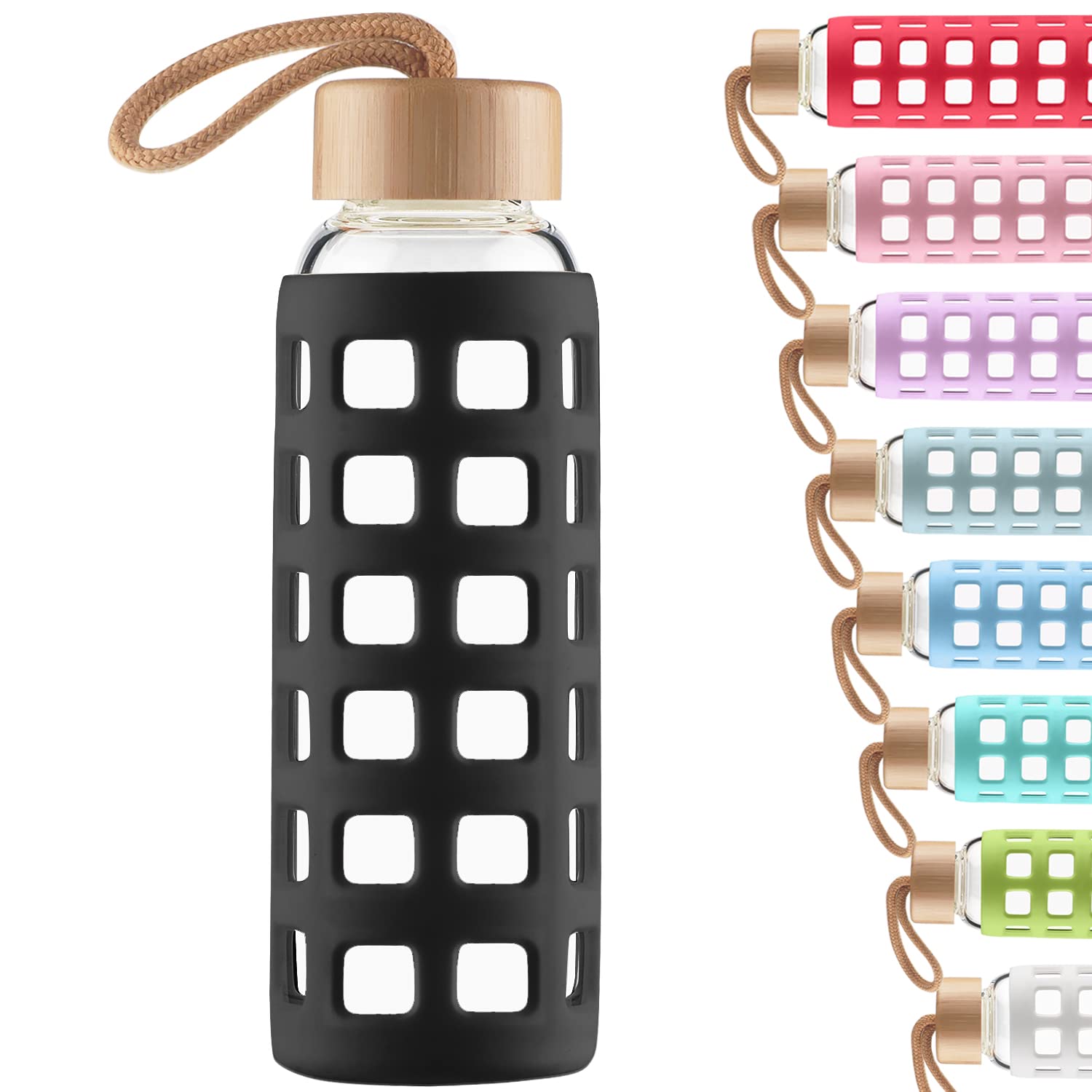 Cleesmil Sports Glass Water Bottle with Silicone Sleeve with Bamboo Lid BPA Free 360 ml (Black)